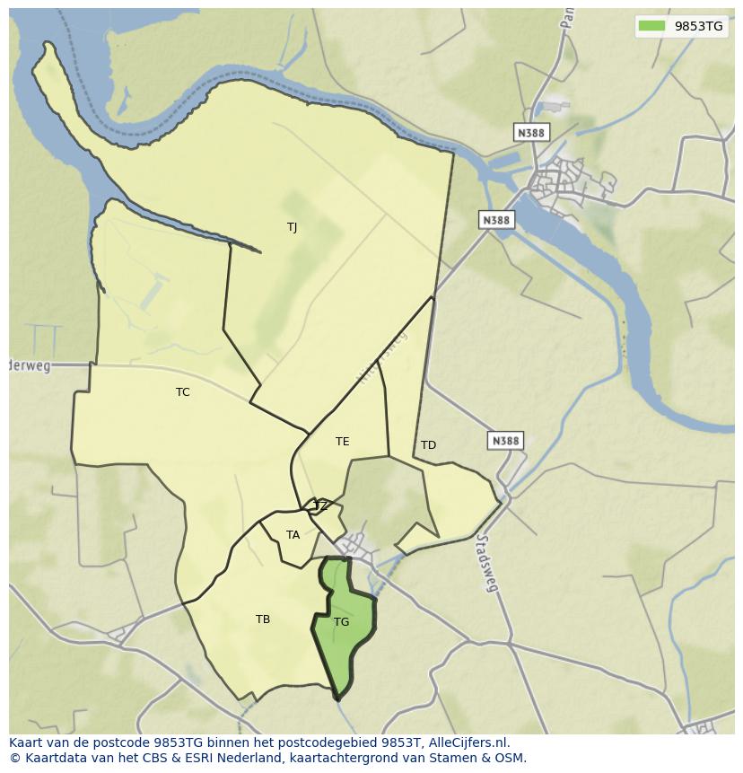 Afbeelding van het postcodegebied 9853 TG op de kaart.