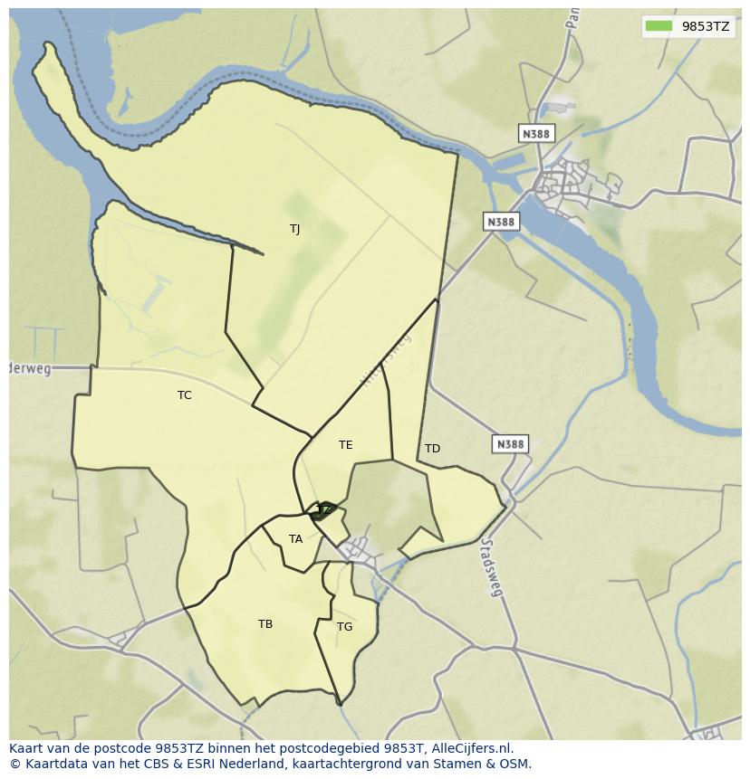 Afbeelding van het postcodegebied 9853 TZ op de kaart.