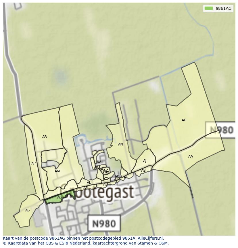 Afbeelding van het postcodegebied 9861 AG op de kaart.