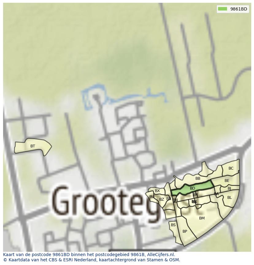Afbeelding van het postcodegebied 9861 BD op de kaart.