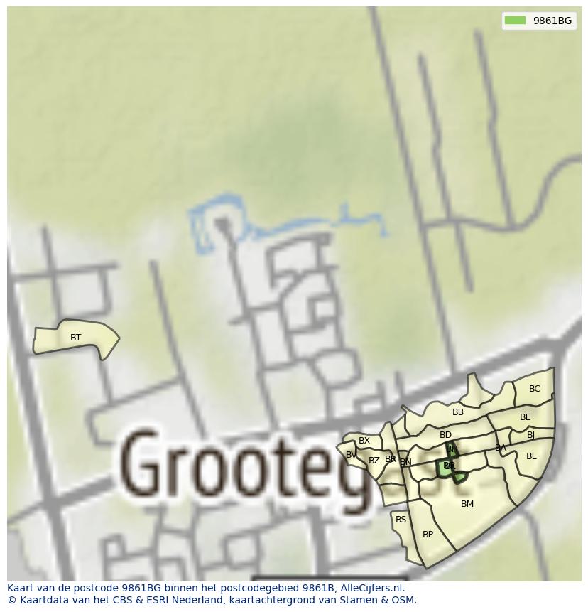 Afbeelding van het postcodegebied 9861 BG op de kaart.