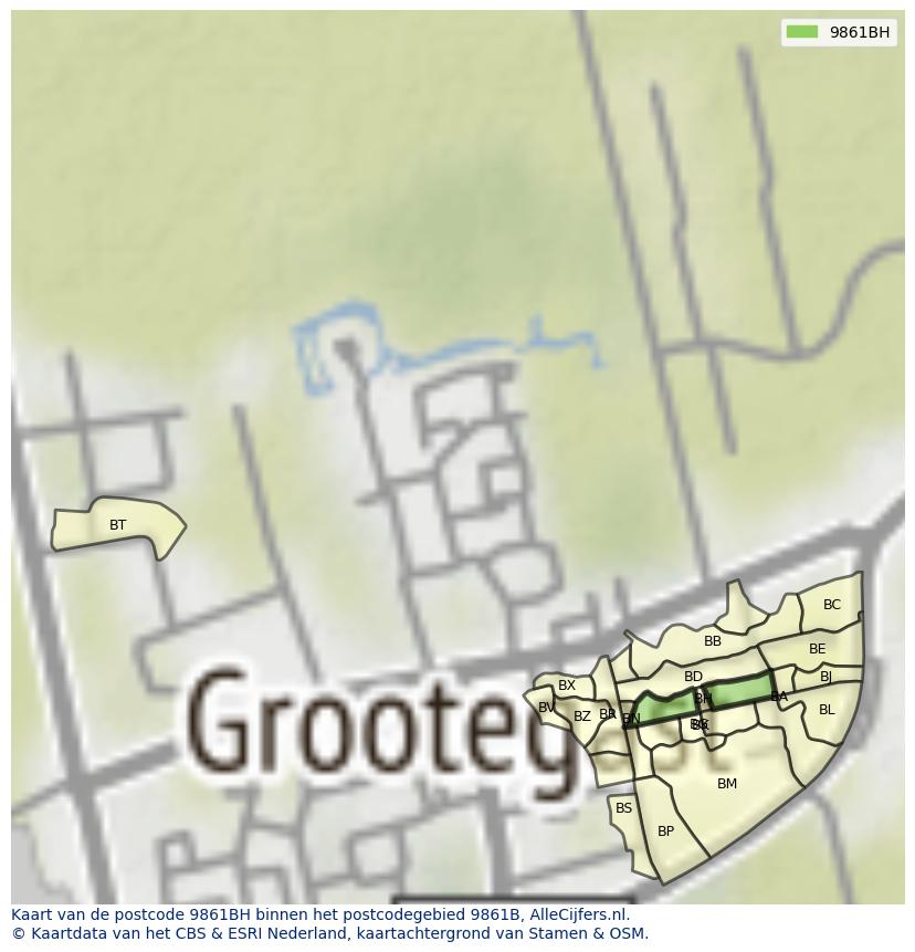 Afbeelding van het postcodegebied 9861 BH op de kaart.