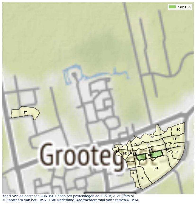 Afbeelding van het postcodegebied 9861 BK op de kaart.