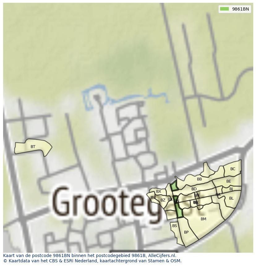 Afbeelding van het postcodegebied 9861 BN op de kaart.