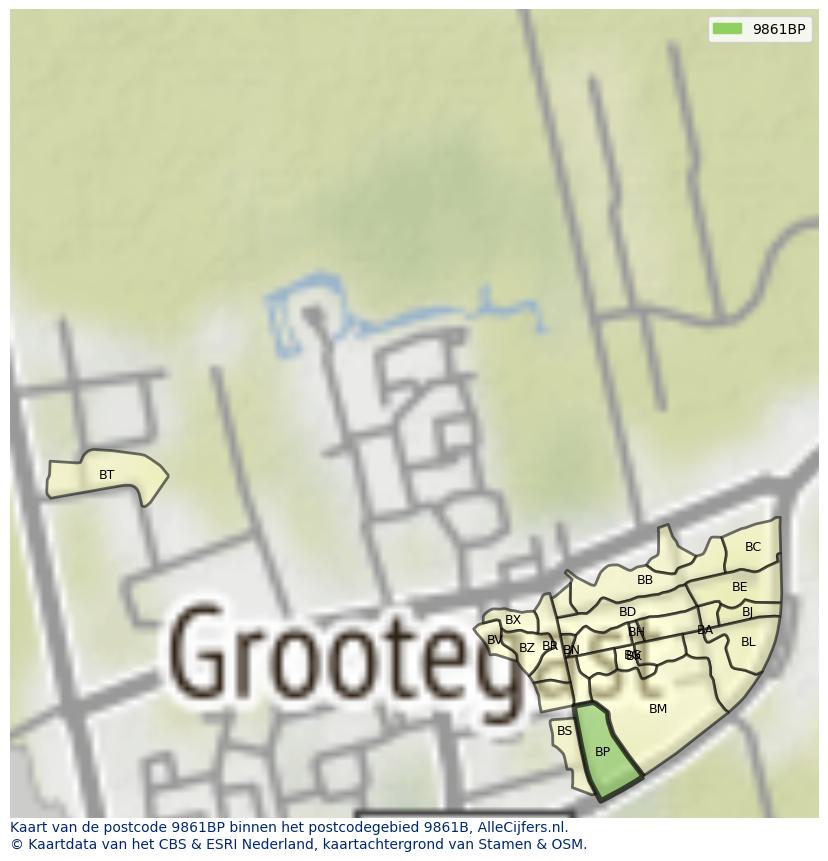 Afbeelding van het postcodegebied 9861 BP op de kaart.