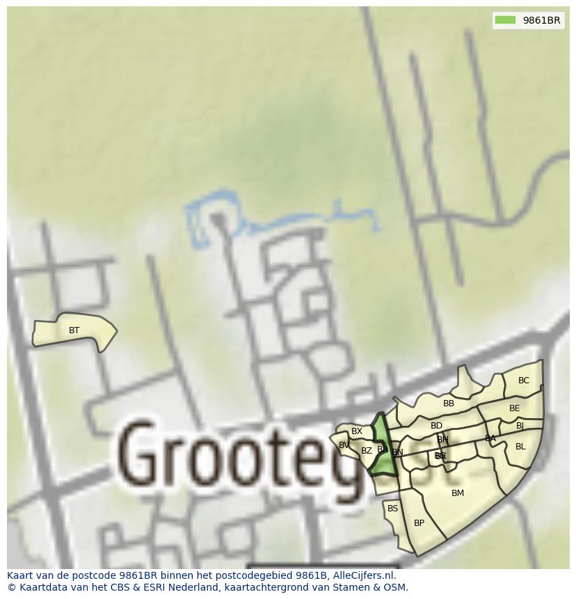 Afbeelding van het postcodegebied 9861 BR op de kaart.
