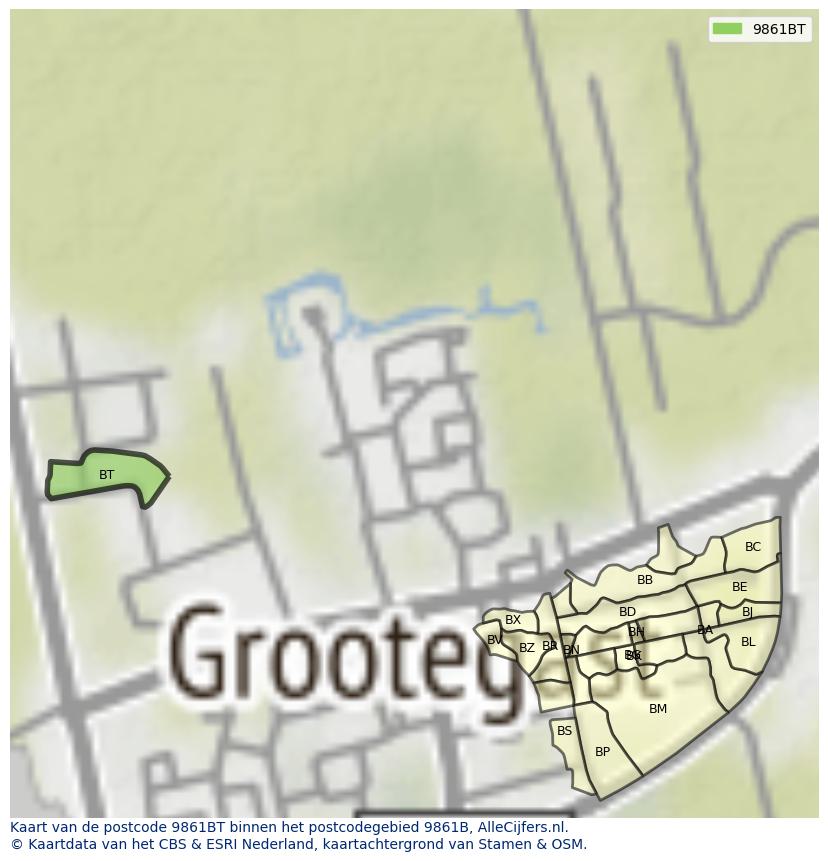 Afbeelding van het postcodegebied 9861 BT op de kaart.