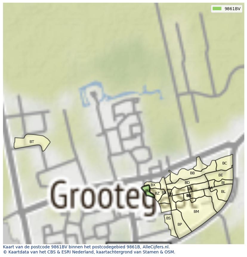Afbeelding van het postcodegebied 9861 BV op de kaart.