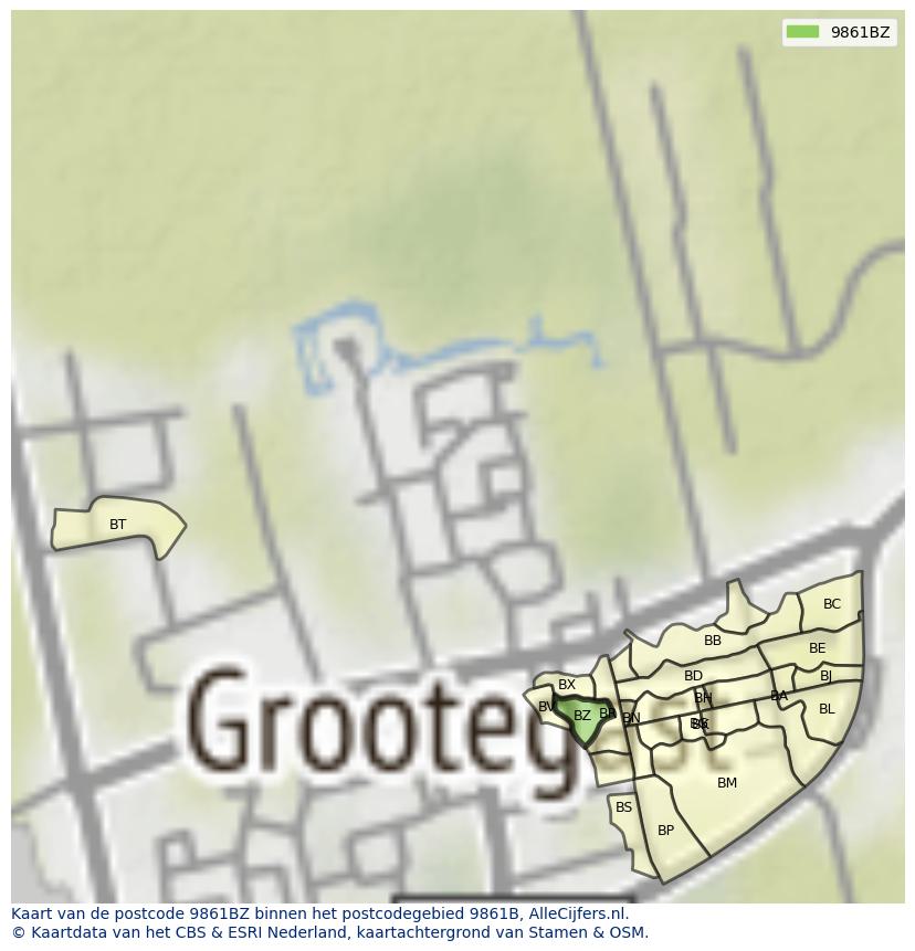 Afbeelding van het postcodegebied 9861 BZ op de kaart.