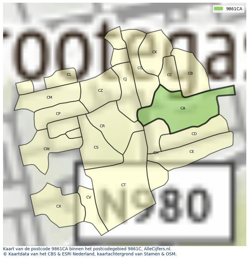 Afbeelding van het postcodegebied 9861 CA op de kaart.