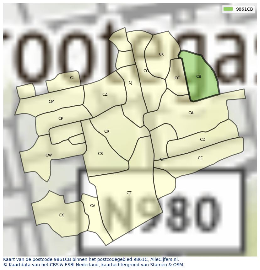 Afbeelding van het postcodegebied 9861 CB op de kaart.