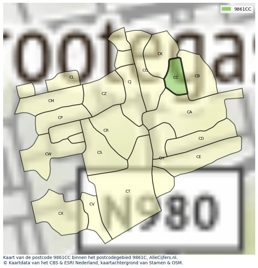 Afbeelding van het postcodegebied 9861 CC op de kaart.