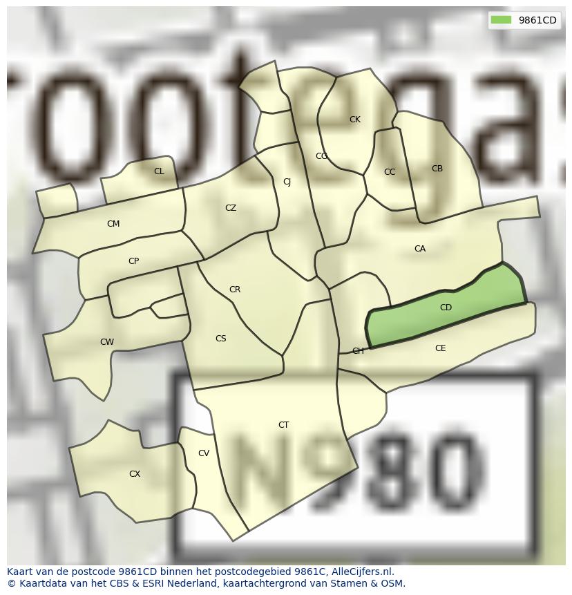 Afbeelding van het postcodegebied 9861 CD op de kaart.