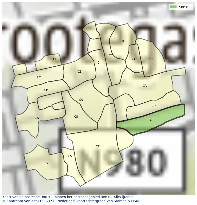 Afbeelding van het postcodegebied 9861 CE op de kaart.