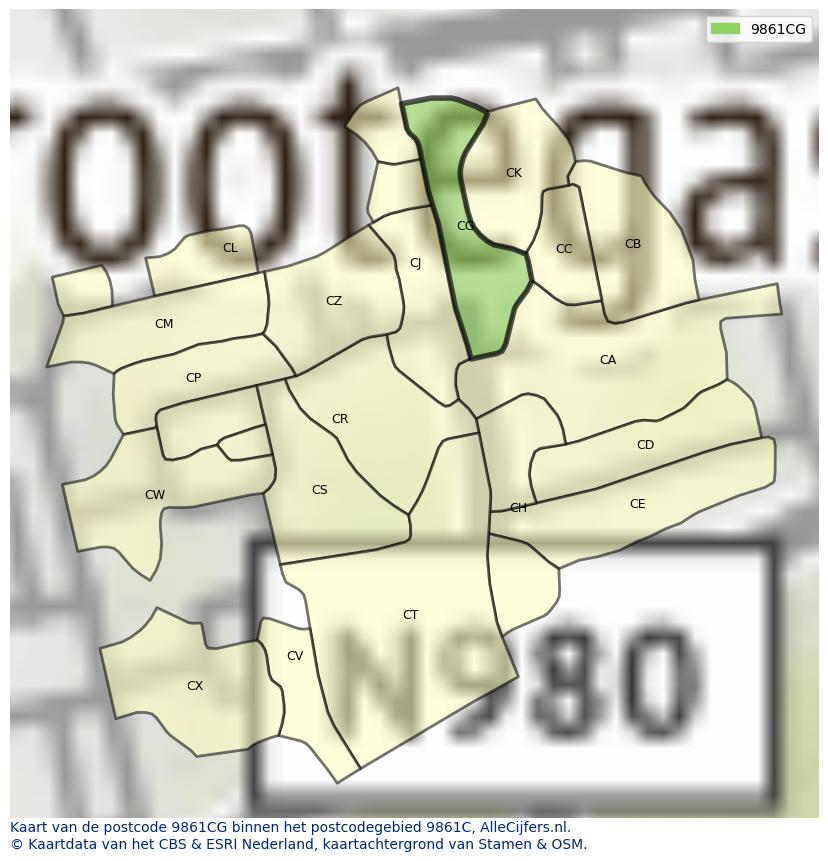 Afbeelding van het postcodegebied 9861 CG op de kaart.