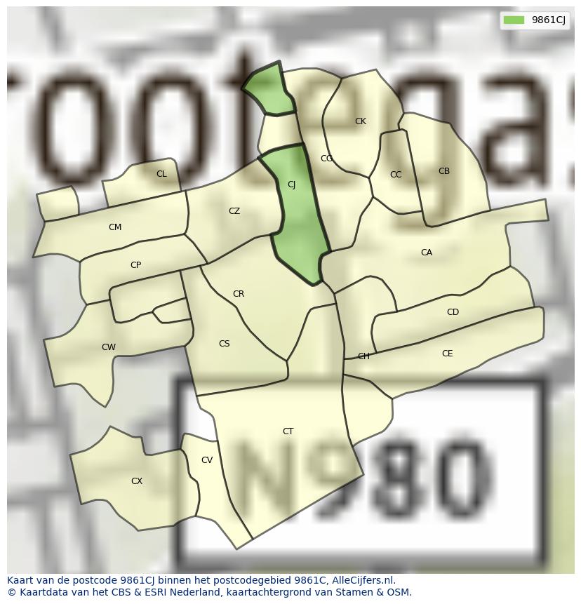 Afbeelding van het postcodegebied 9861 CJ op de kaart.