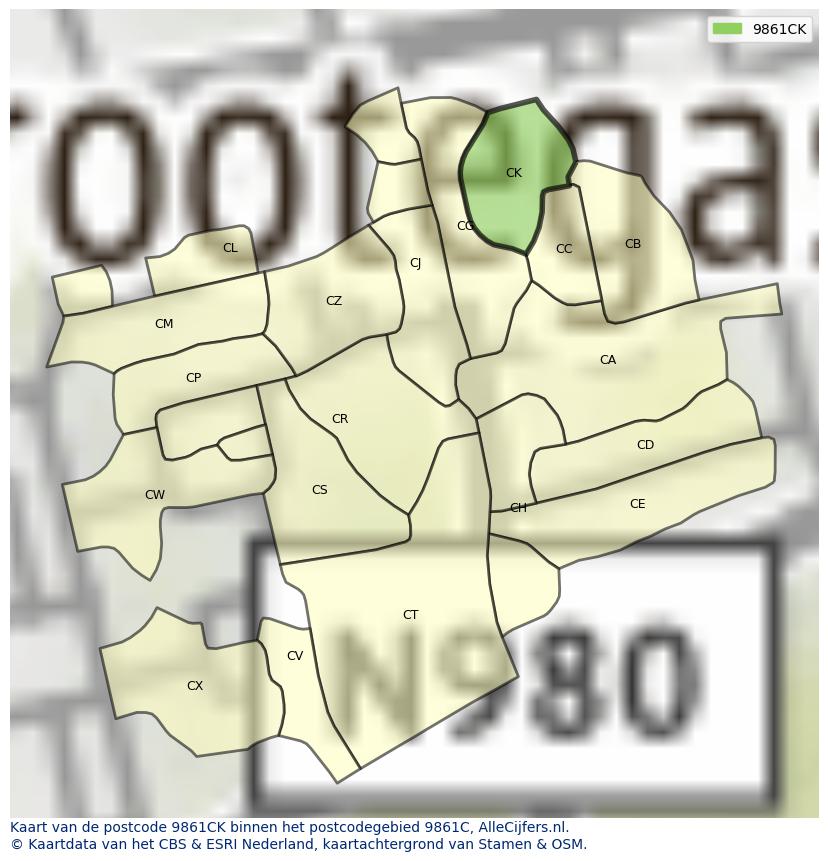 Afbeelding van het postcodegebied 9861 CK op de kaart.