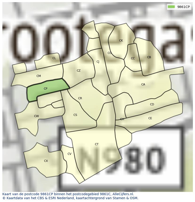 Afbeelding van het postcodegebied 9861 CP op de kaart.
