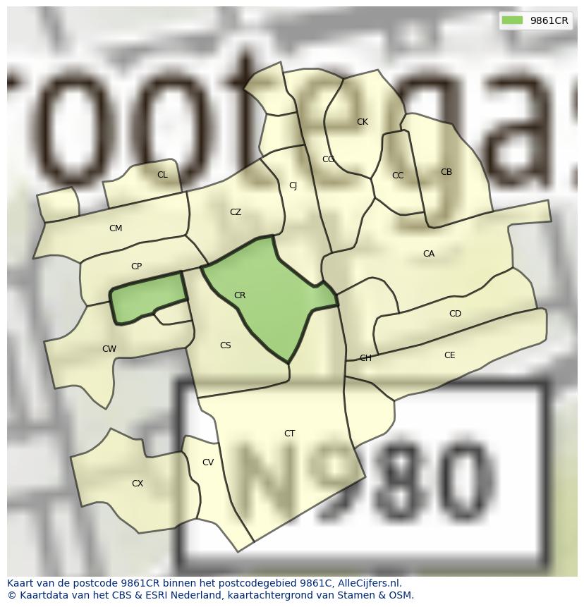 Afbeelding van het postcodegebied 9861 CR op de kaart.