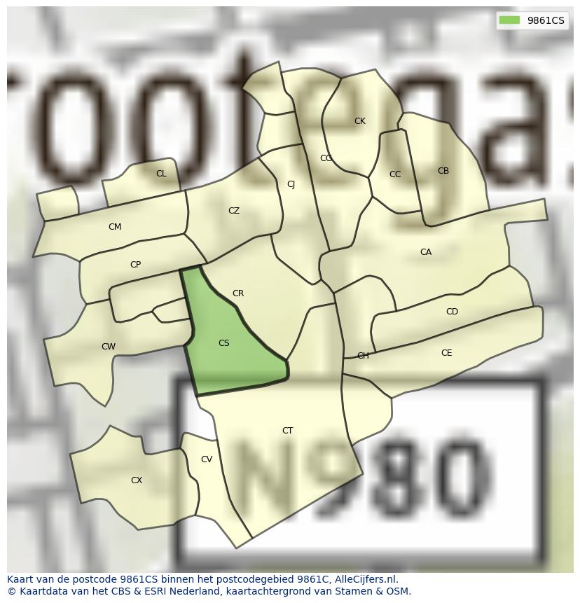 Afbeelding van het postcodegebied 9861 CS op de kaart.