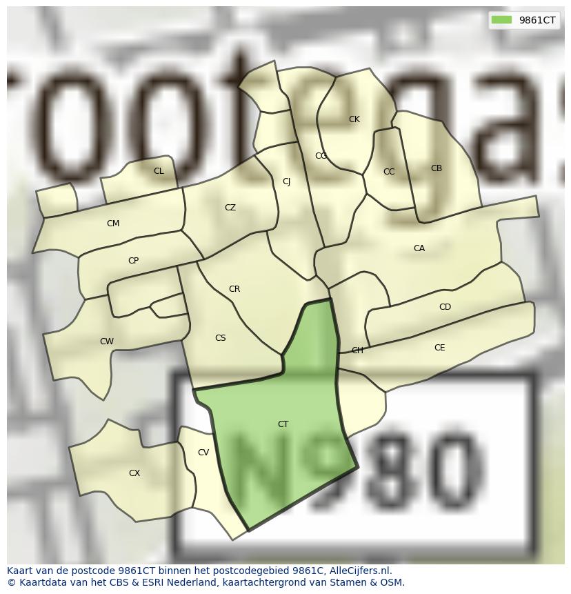 Afbeelding van het postcodegebied 9861 CT op de kaart.