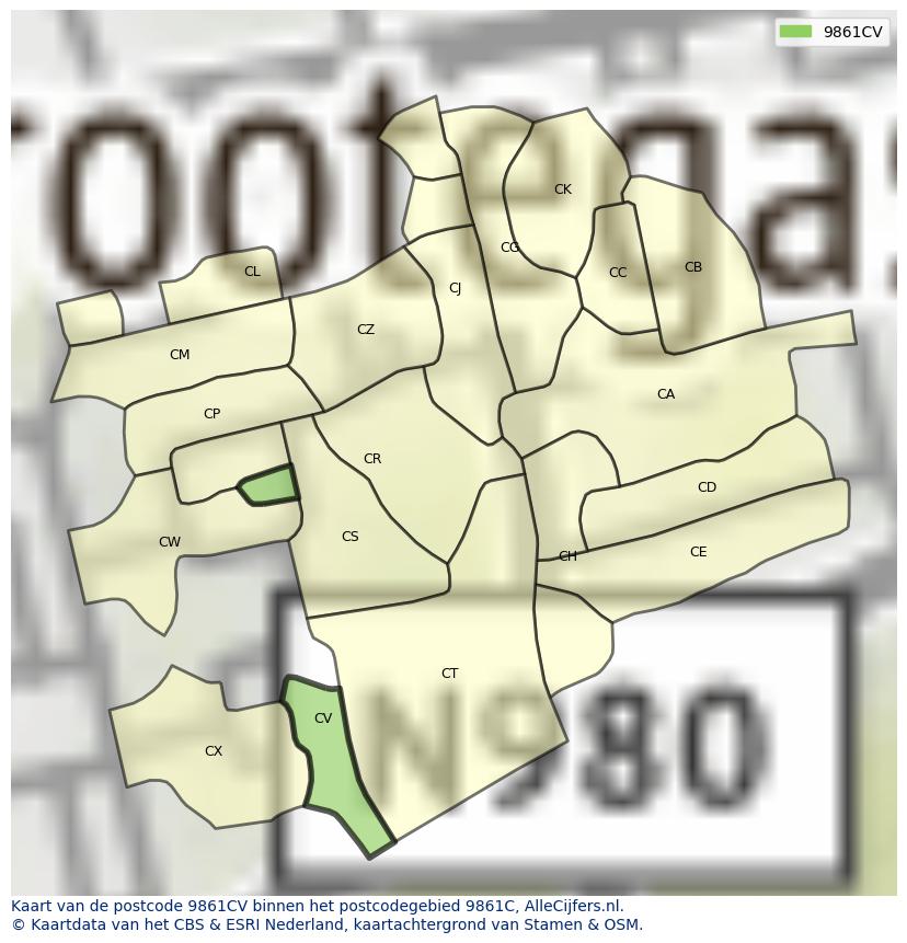 Afbeelding van het postcodegebied 9861 CV op de kaart.