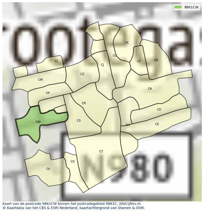 Afbeelding van het postcodegebied 9861 CW op de kaart.
