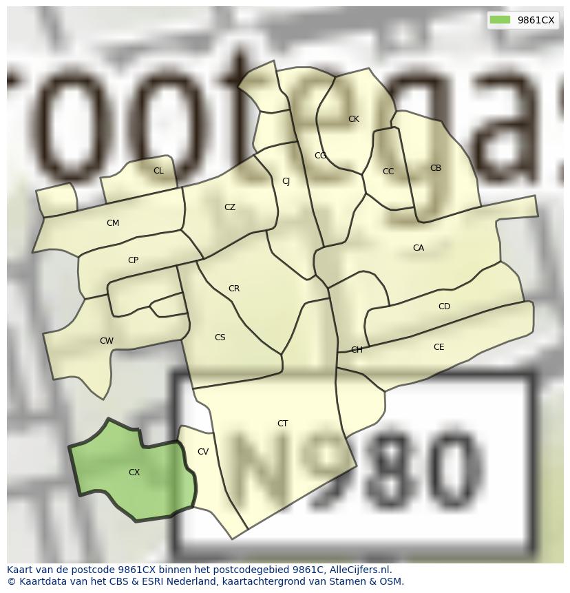 Afbeelding van het postcodegebied 9861 CX op de kaart.