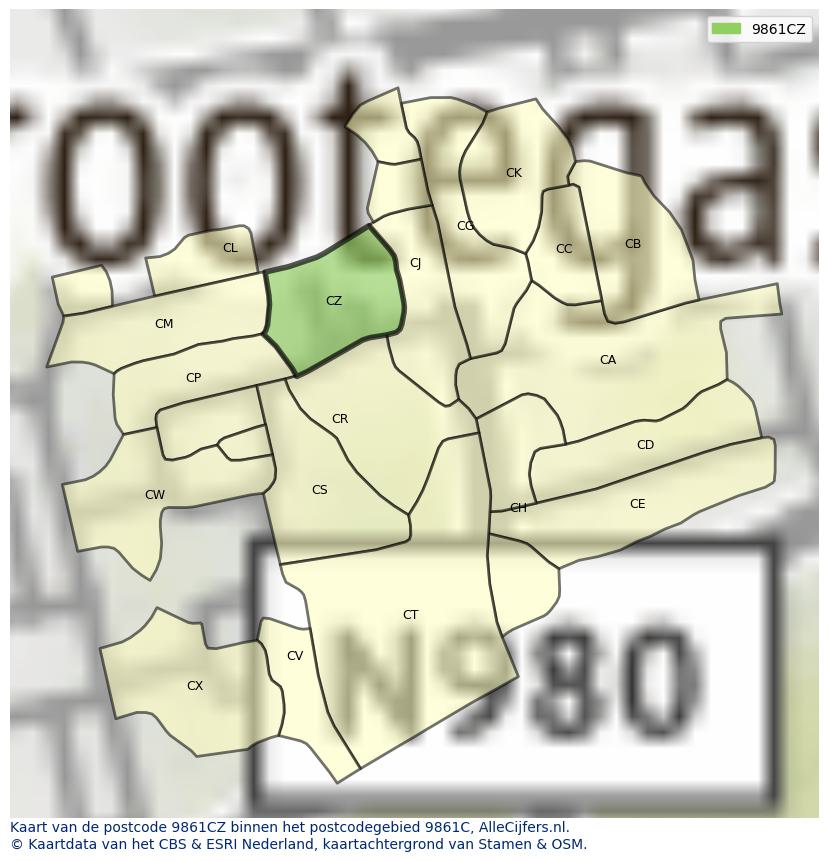 Afbeelding van het postcodegebied 9861 CZ op de kaart.
