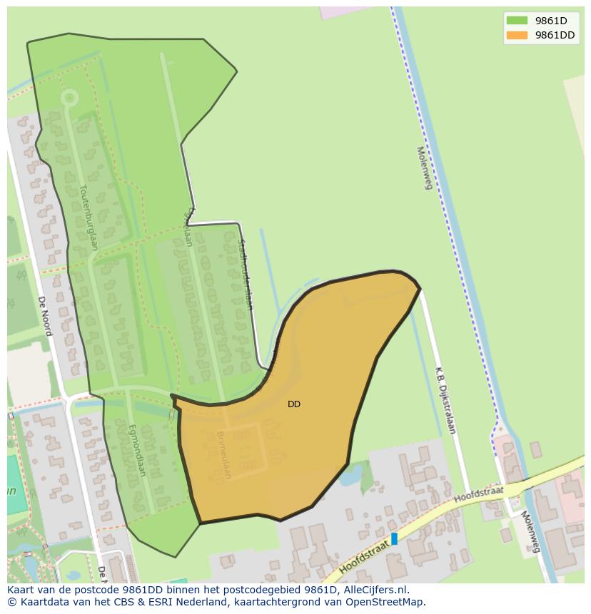 Afbeelding van het postcodegebied 9861 DD op de kaart.