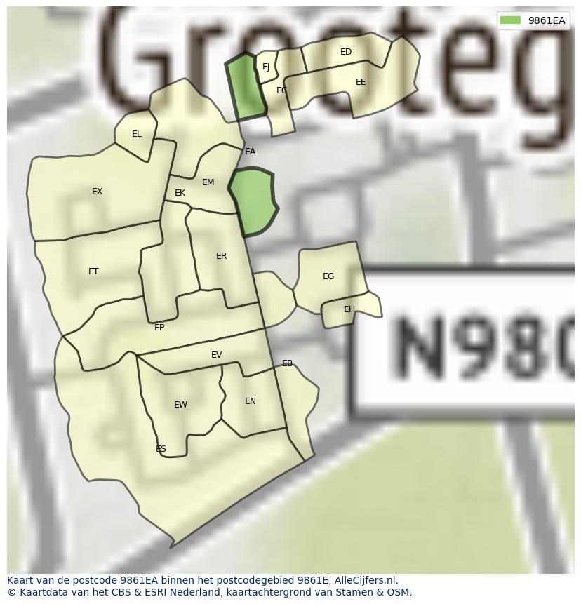 Afbeelding van het postcodegebied 9861 EA op de kaart.