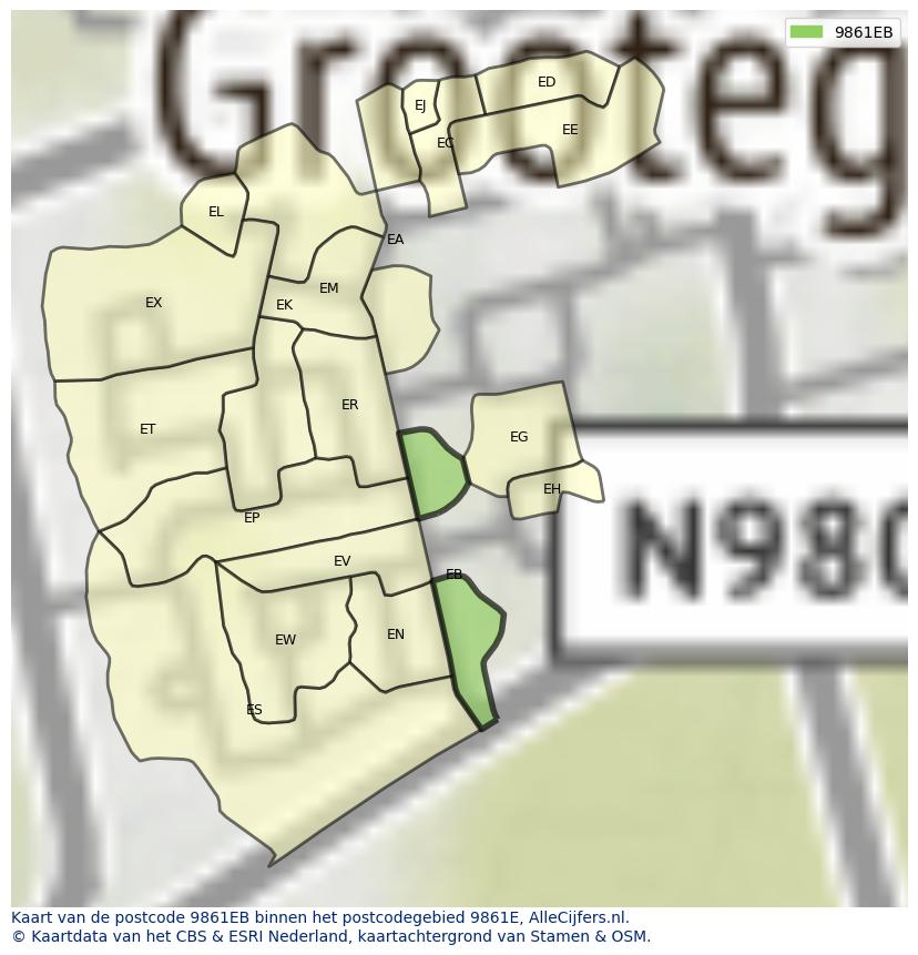 Afbeelding van het postcodegebied 9861 EB op de kaart.