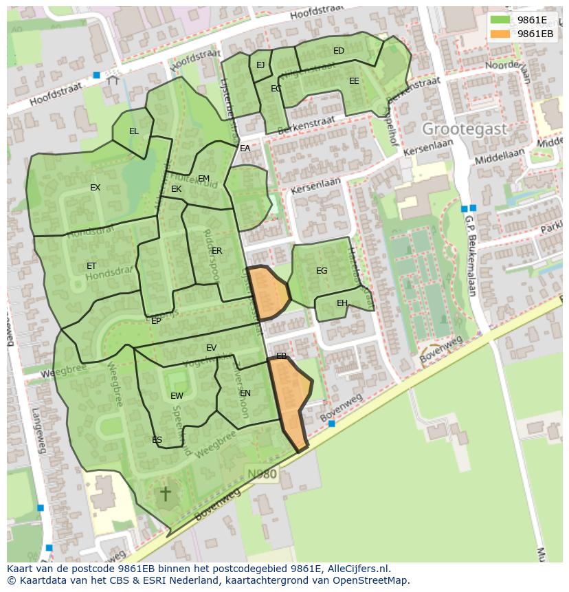 Afbeelding van het postcodegebied 9861 EB op de kaart.