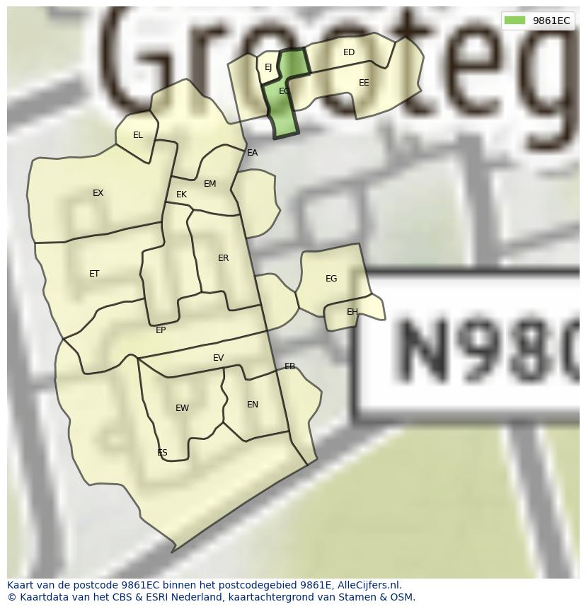 Afbeelding van het postcodegebied 9861 EC op de kaart.
