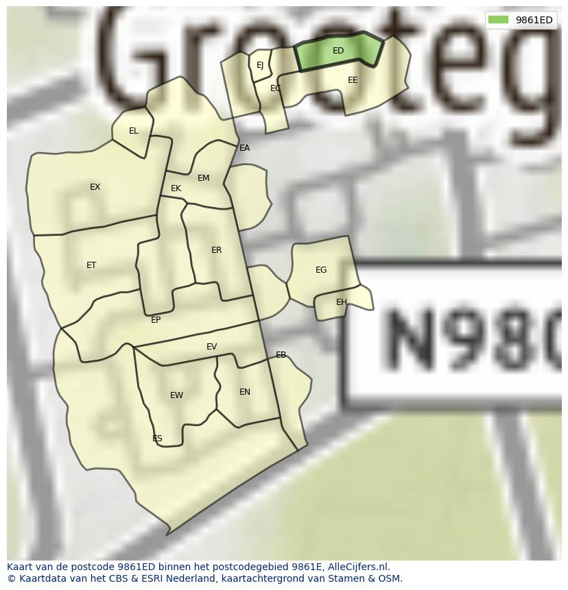 Afbeelding van het postcodegebied 9861 ED op de kaart.