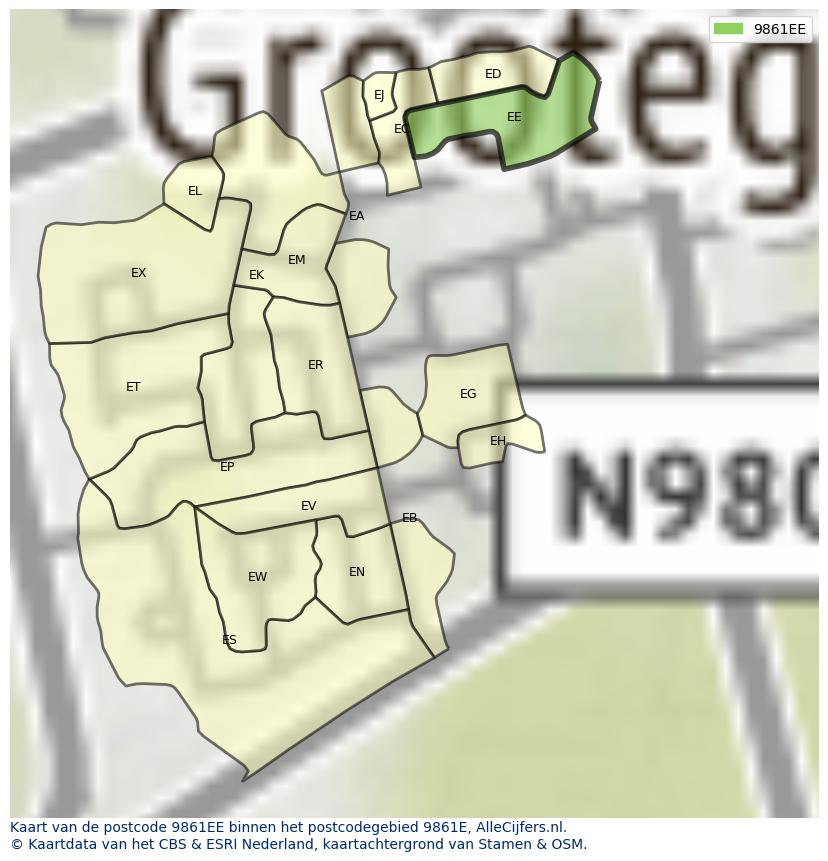 Afbeelding van het postcodegebied 9861 EE op de kaart.