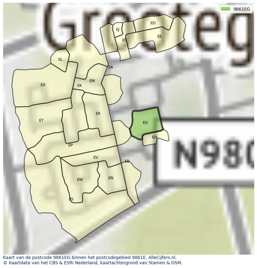 Afbeelding van het postcodegebied 9861 EG op de kaart.