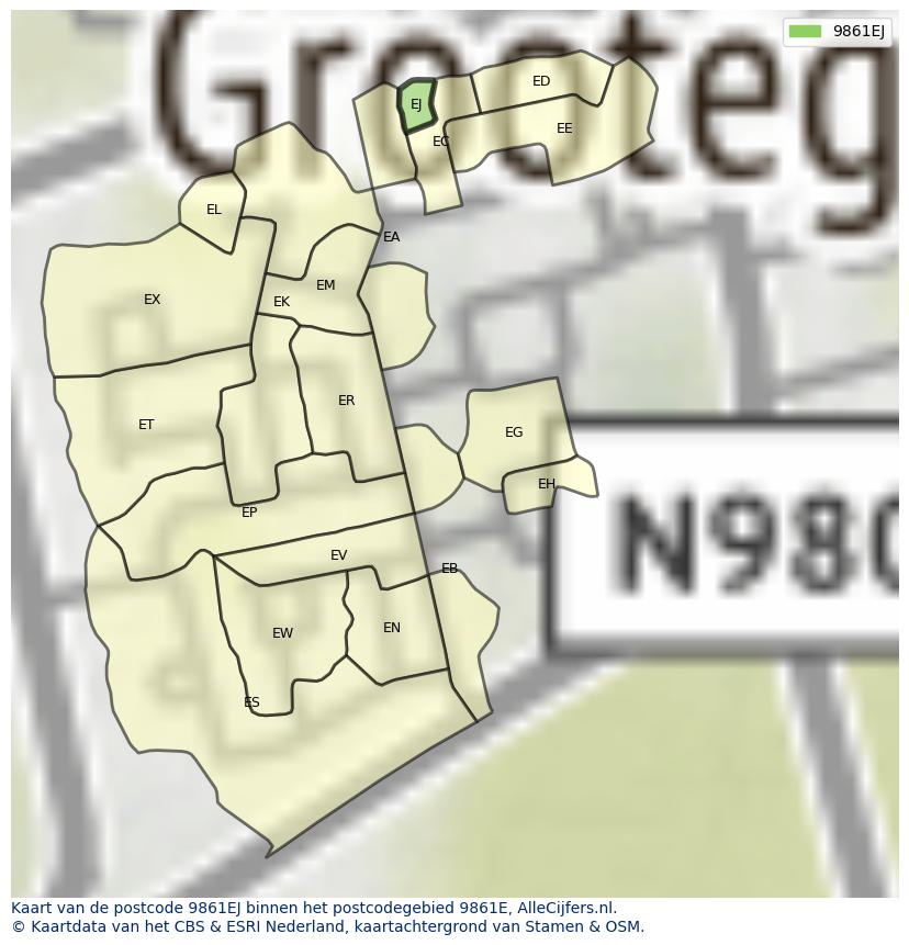 Afbeelding van het postcodegebied 9861 EJ op de kaart.