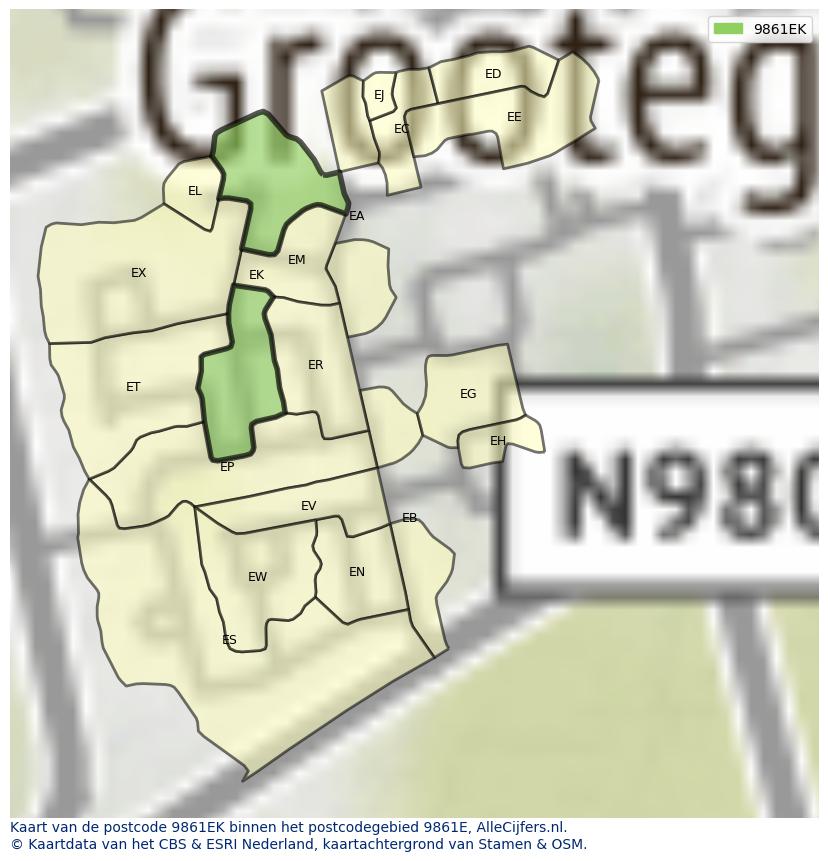Afbeelding van het postcodegebied 9861 EK op de kaart.