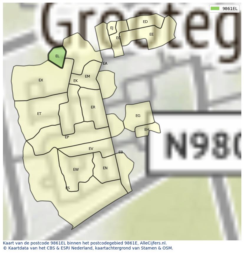 Afbeelding van het postcodegebied 9861 EL op de kaart.