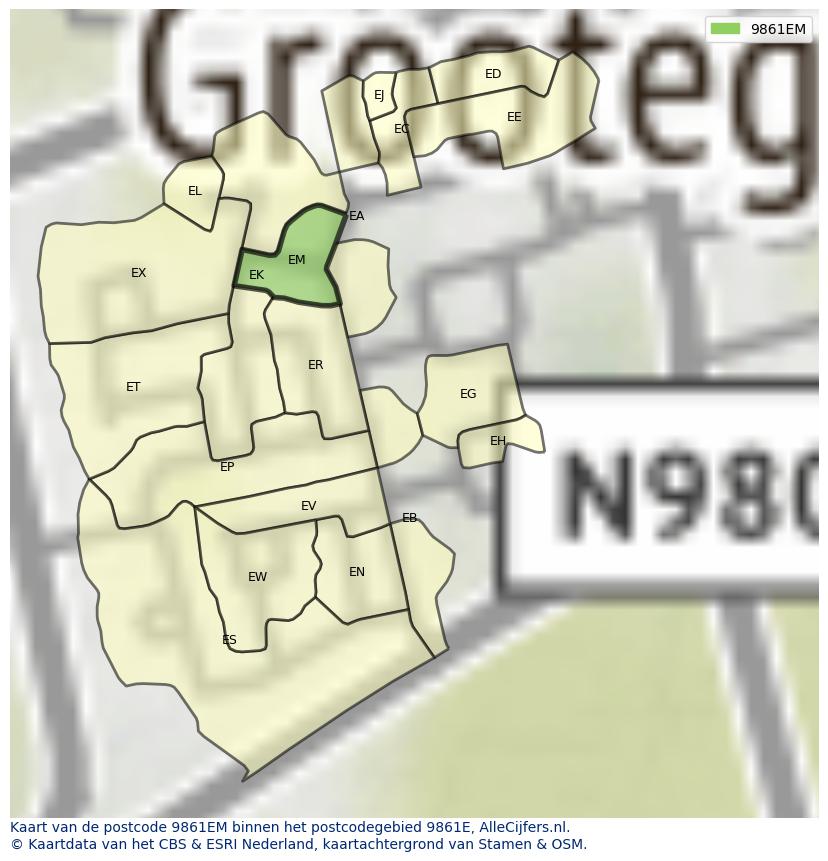Afbeelding van het postcodegebied 9861 EM op de kaart.