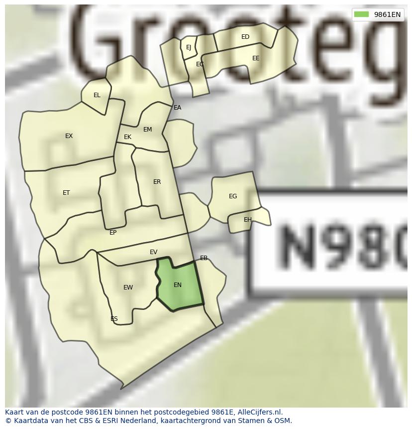Afbeelding van het postcodegebied 9861 EN op de kaart.