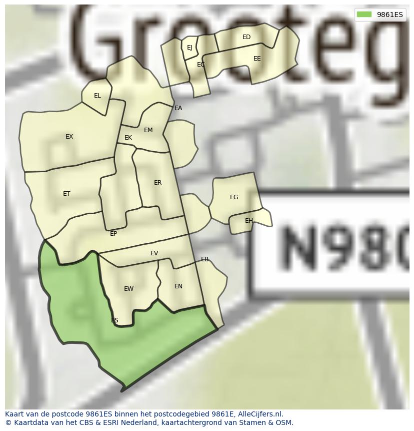 Afbeelding van het postcodegebied 9861 ES op de kaart.