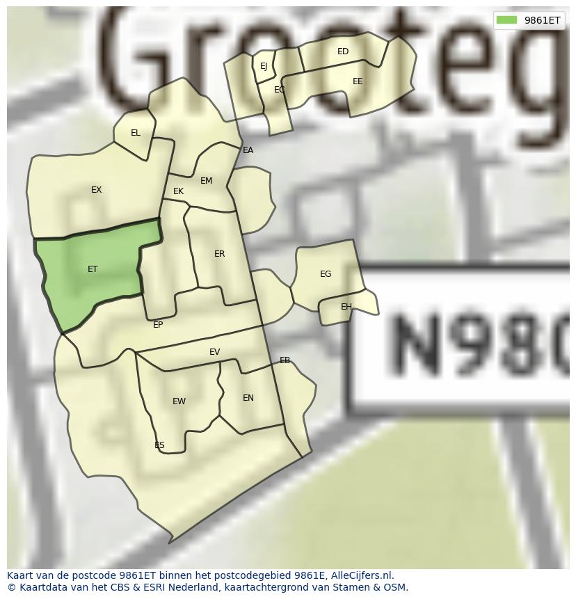 Afbeelding van het postcodegebied 9861 ET op de kaart.