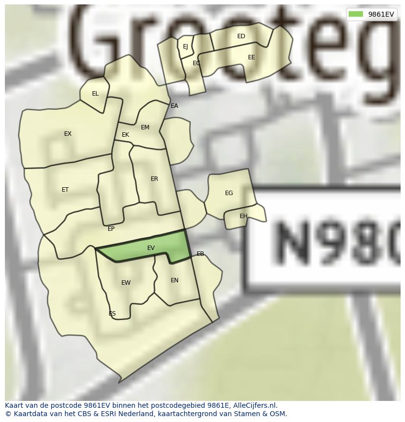 Afbeelding van het postcodegebied 9861 EV op de kaart.