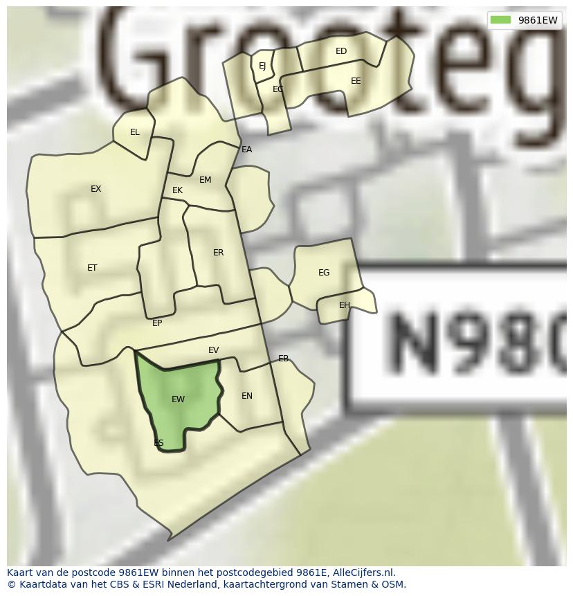 Afbeelding van het postcodegebied 9861 EW op de kaart.