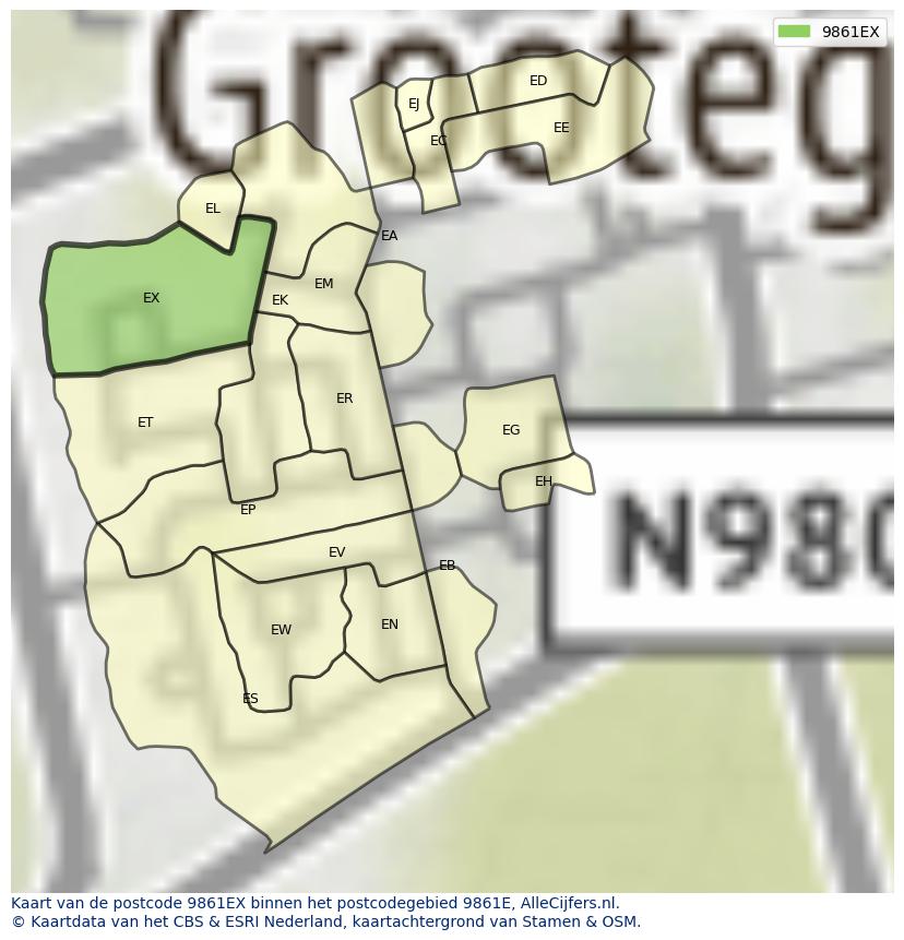 Afbeelding van het postcodegebied 9861 EX op de kaart.