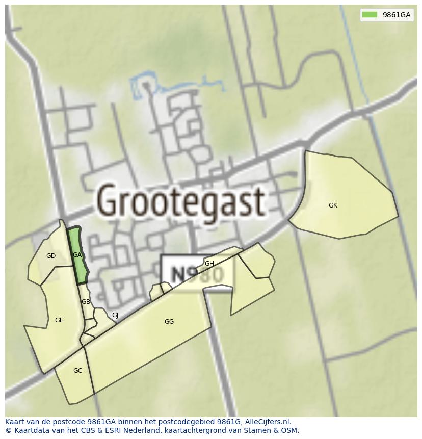 Afbeelding van het postcodegebied 9861 GA op de kaart.