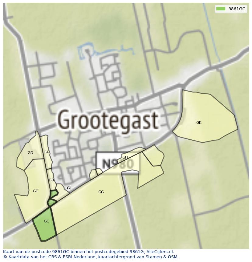 Afbeelding van het postcodegebied 9861 GC op de kaart.