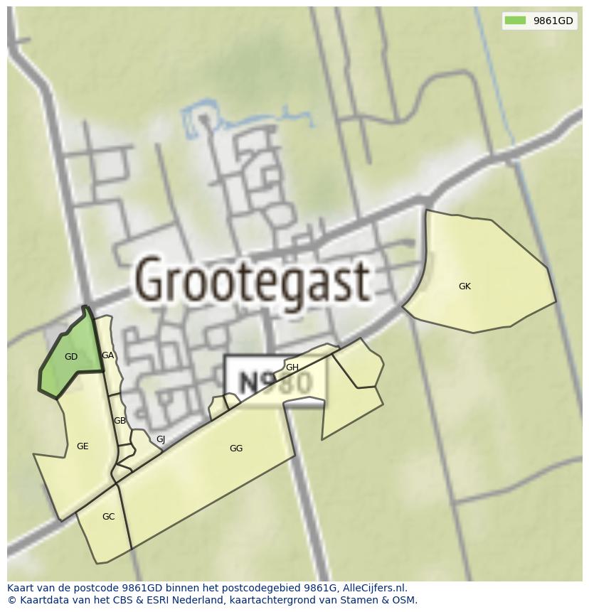 Afbeelding van het postcodegebied 9861 GD op de kaart.